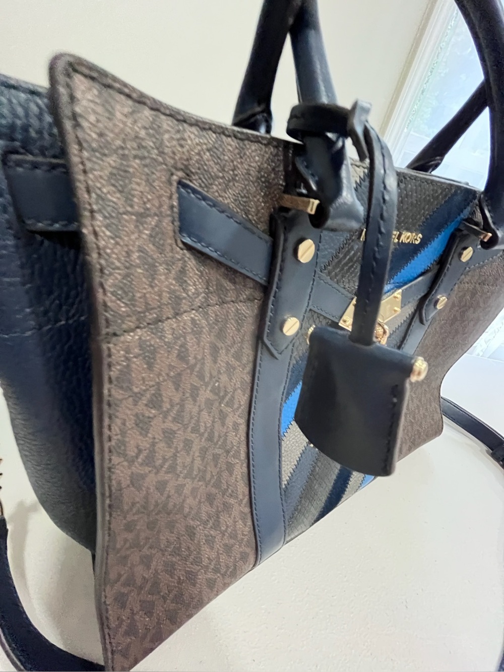 Michael Kors Hamilton Traveler Brown Navy Stripe Logo Leather Large Satchel - Picture 3 of 10